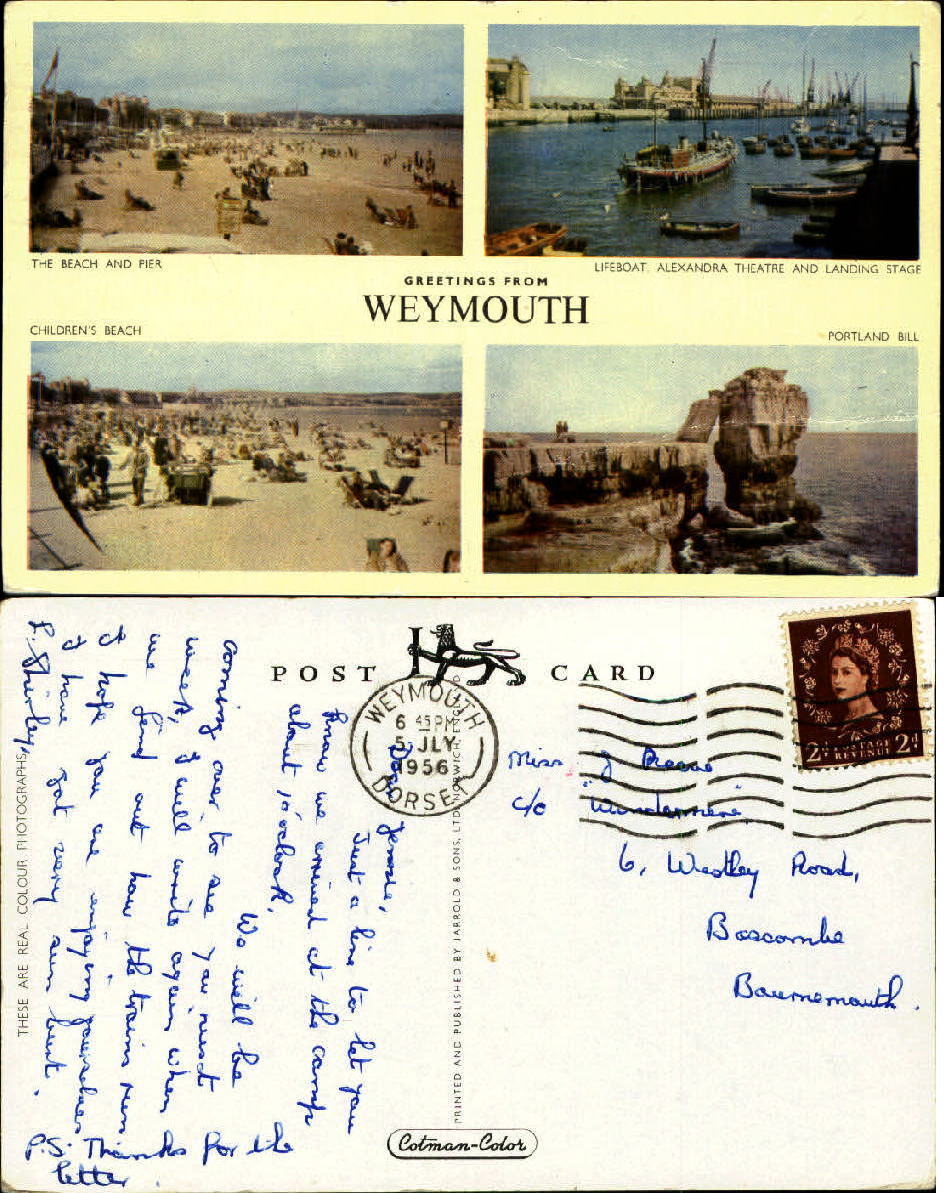 Greetings from Weymouth England multi-view postcard mailed 1956