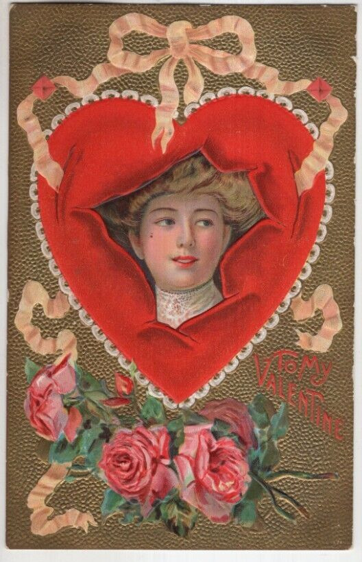 ANTIQUE EMBOSSED VALENTINE Postcard      YOUNG LADY LOOKING THROUGH HEART, ROSES