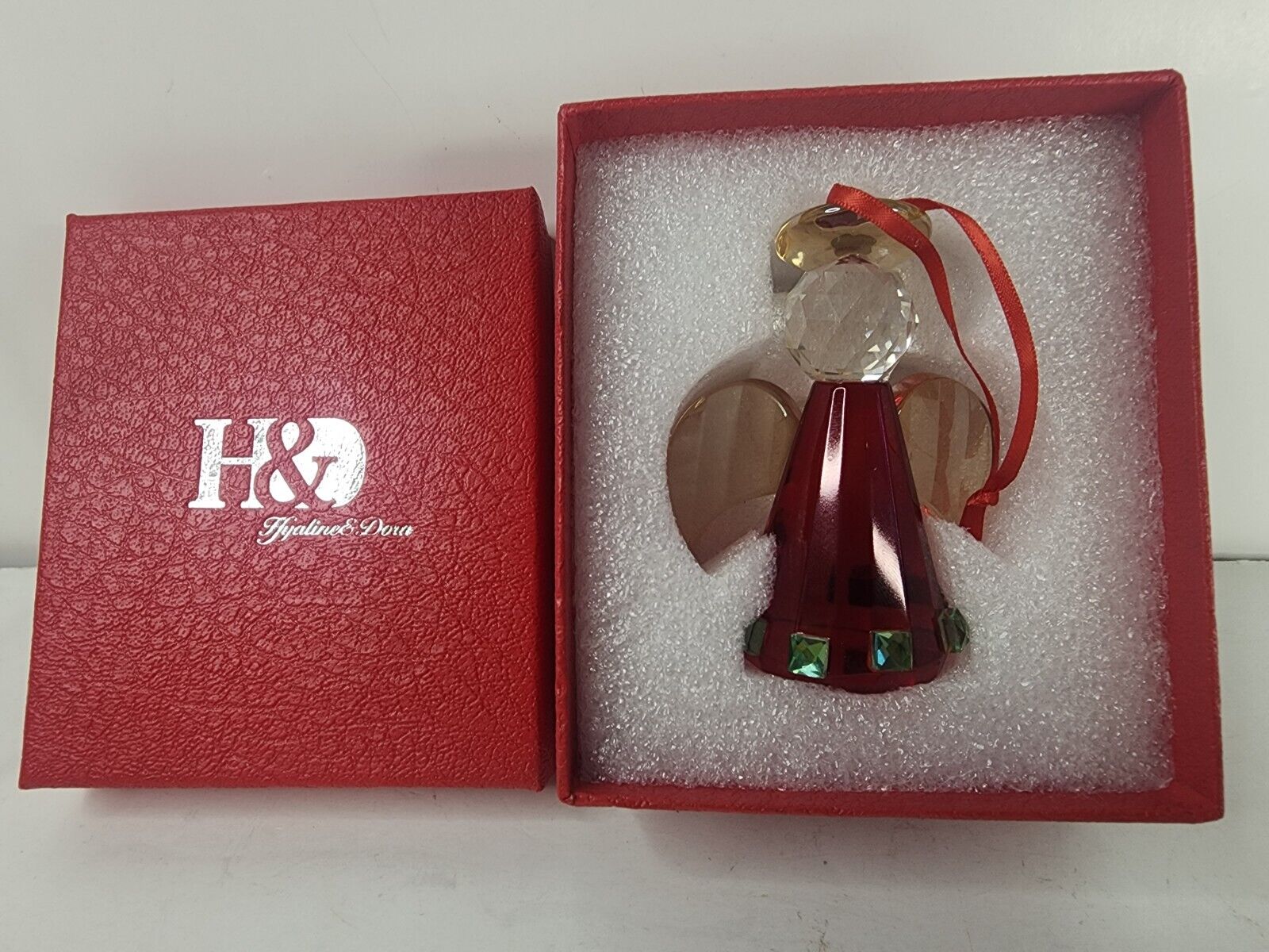H&D HYALINE & DORA Crystal Angel Figurine Collection Ornament Red w/ Green 3\