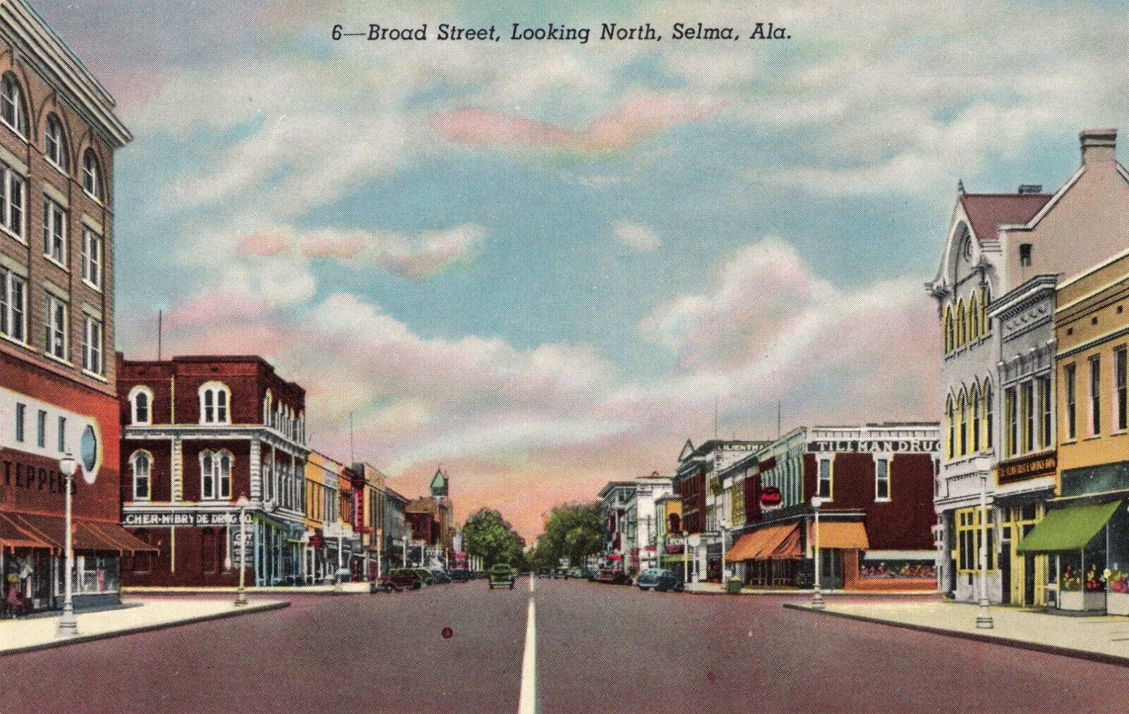 Broad Street Looking North Selma Alabama AL c1940s Postcard