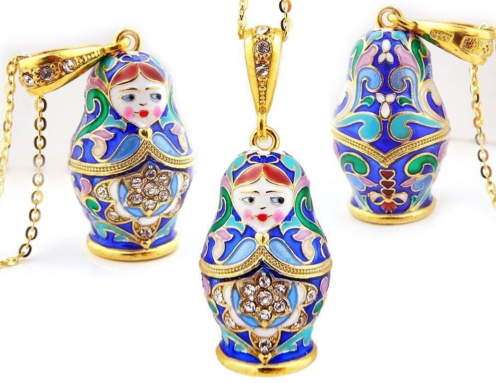 BLUE Silver Gold Matreshka Matryoshka Enamel Russian Doll Charm Pendant Necklace