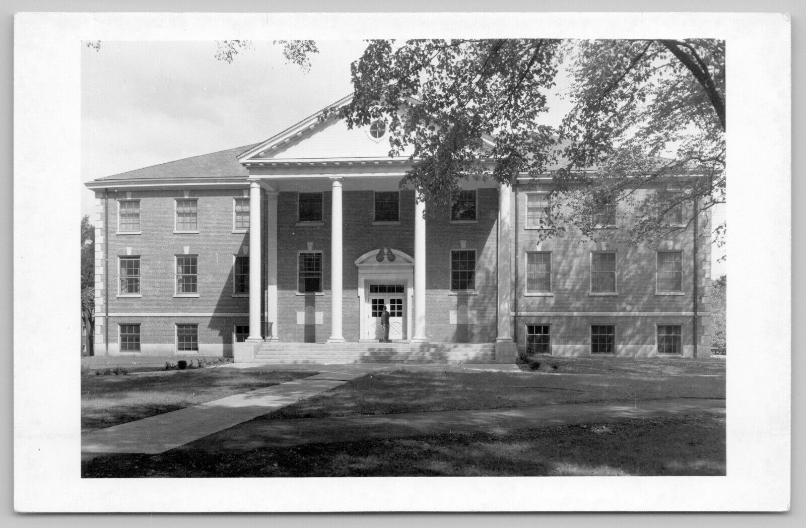 Wheaton College IL~Man @ Colonial Door Between Columns~Student Center RPPC c1950