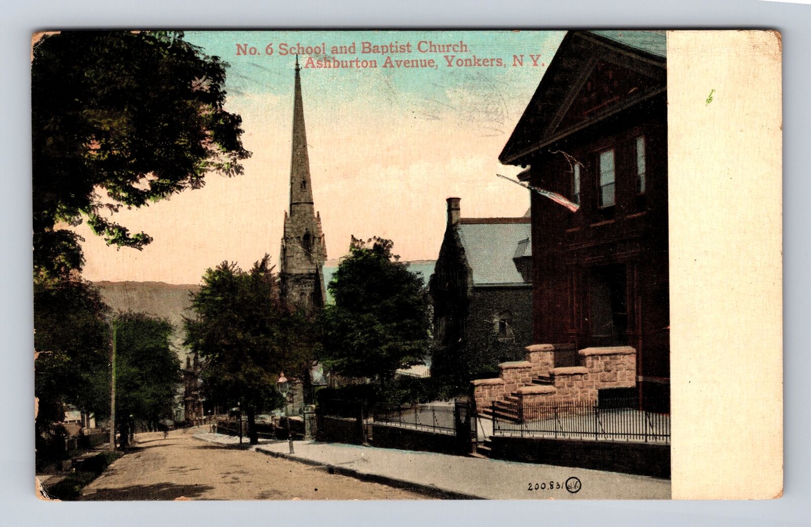 Yonkers NY-New York, No 6 School & Baptist Church, Antique Vintage Postcard
