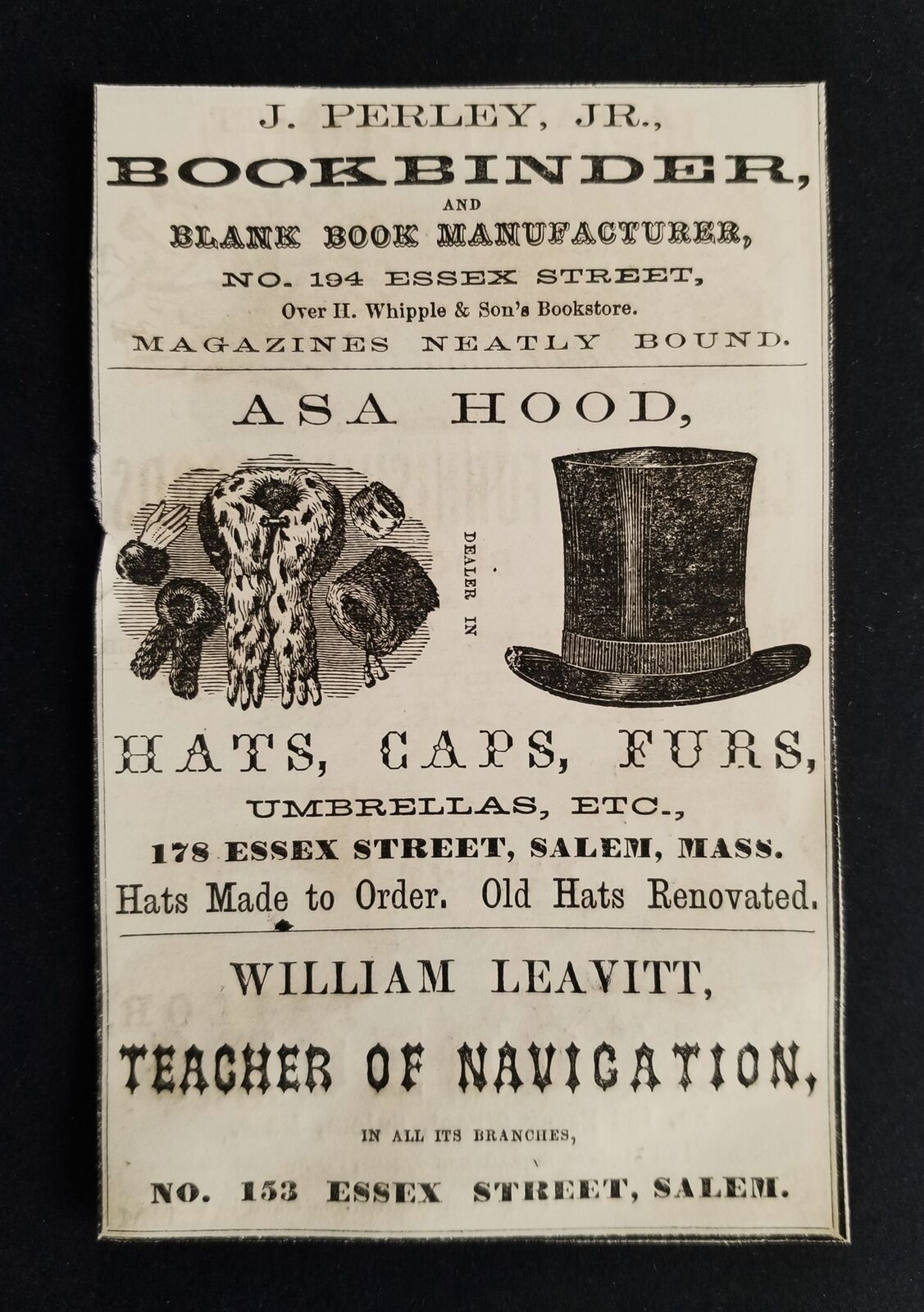 1860s antique PERLEY bookbinder HOOD fashion LEAVITT navigation salem ma ADS
