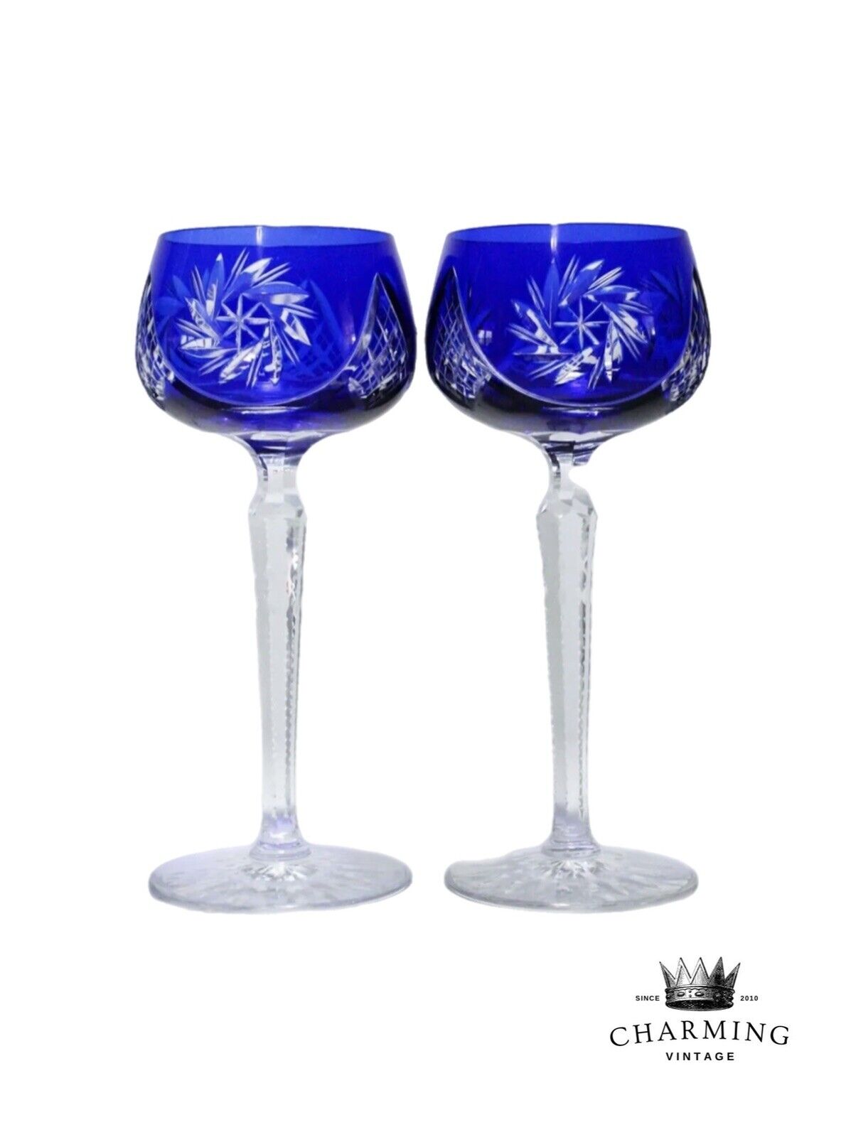 2 Antique Bohemian Czech Cut To Clear Cobalt Blue Crystal Wine Water Goblets