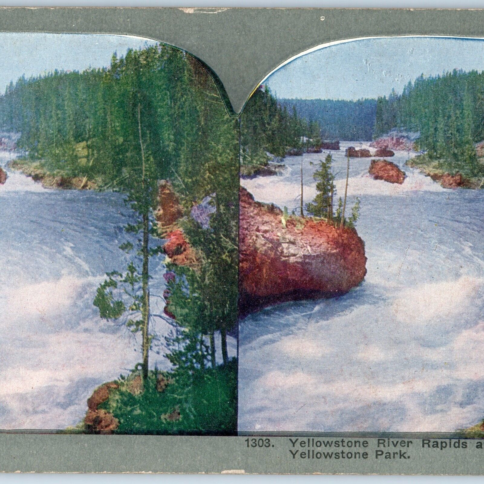 c1900s Yellowstone\'s River Rapids Head of Upper Falls Litho Photo Stereo Card V7