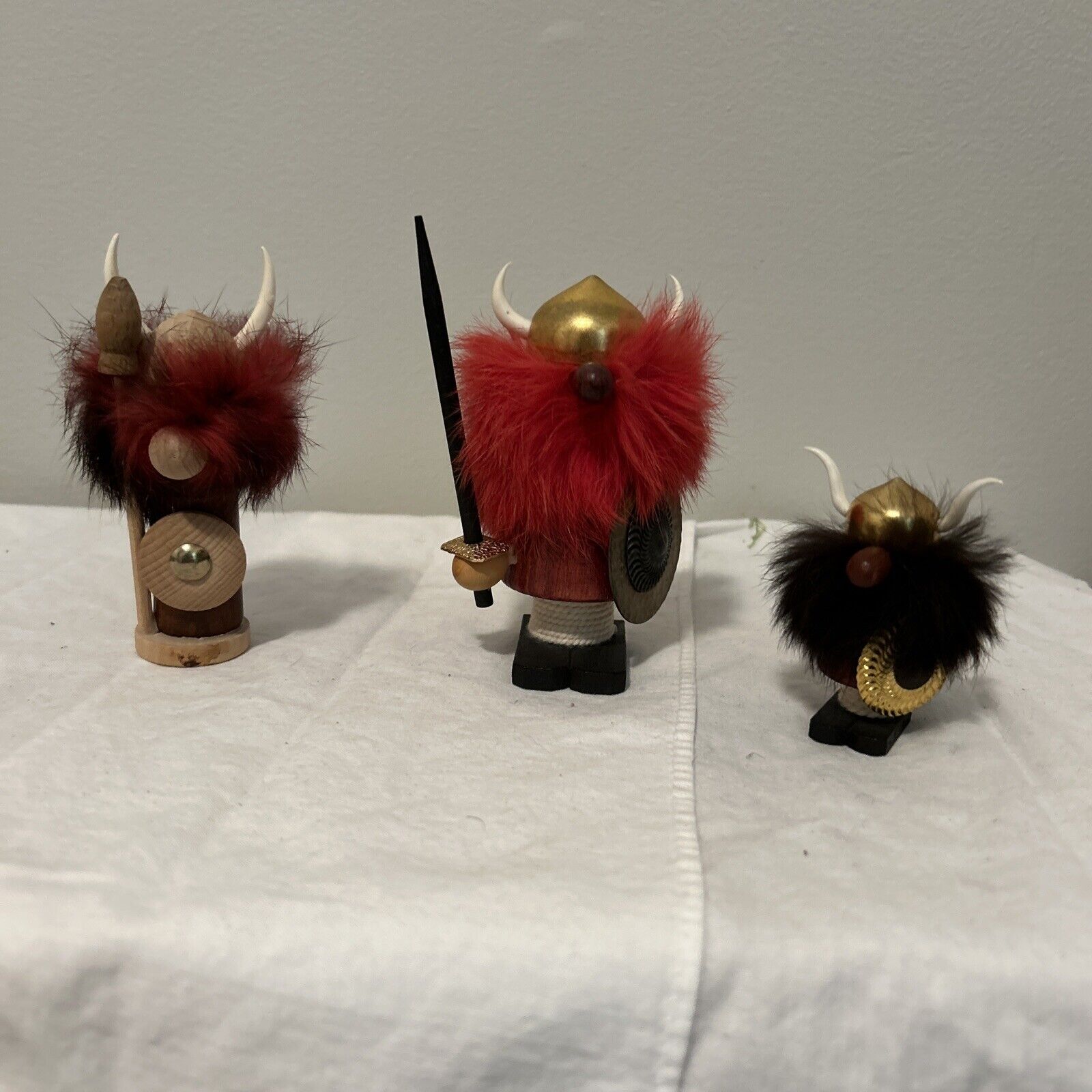 MCM Wooden Viking Figures, Fur Trim, Horns, Shields, Made in Denmark