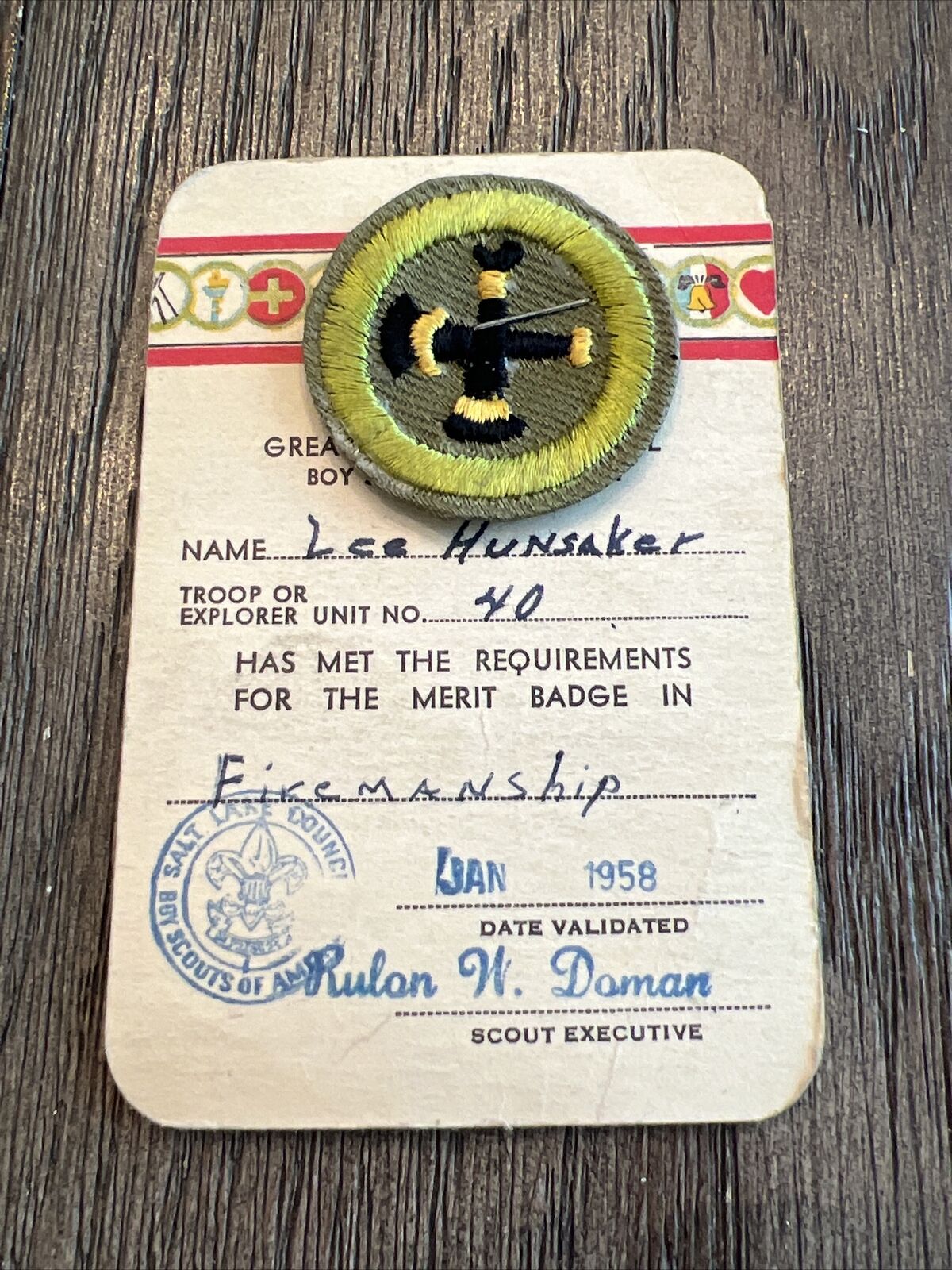 Vintage Boy Scout 1958 Firemanship Merit Badge Registration Card & Merit Badge