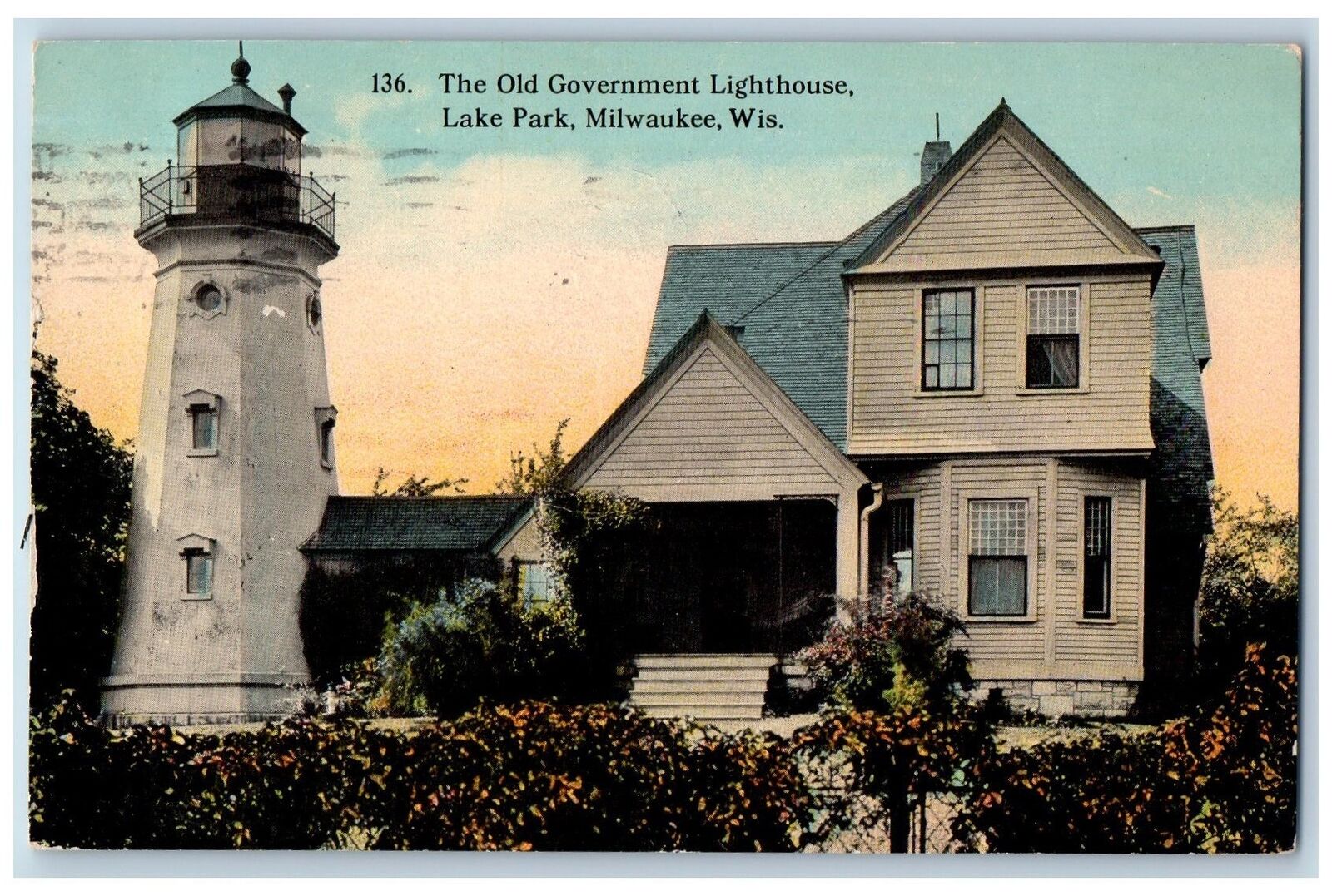 1914 Old Government Lighthouse Lake Park Milwaukee Wisconsin WI Antique Postcard