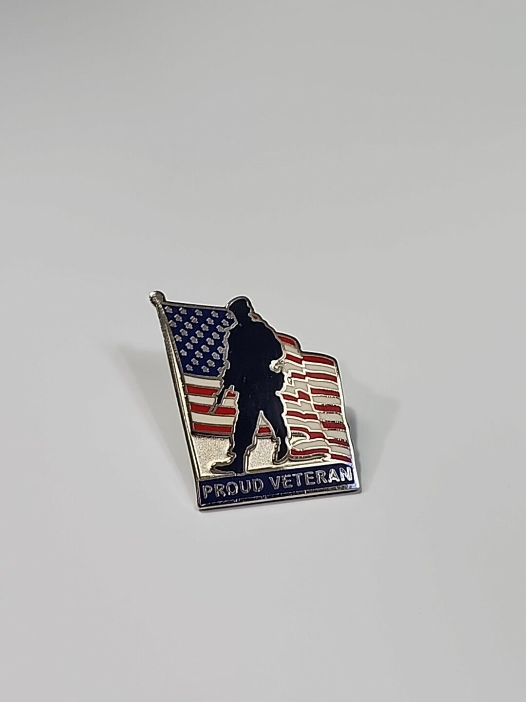 Proud Veteran Lapel Pin Soldier Silhouette USA American Flag Memorial Day