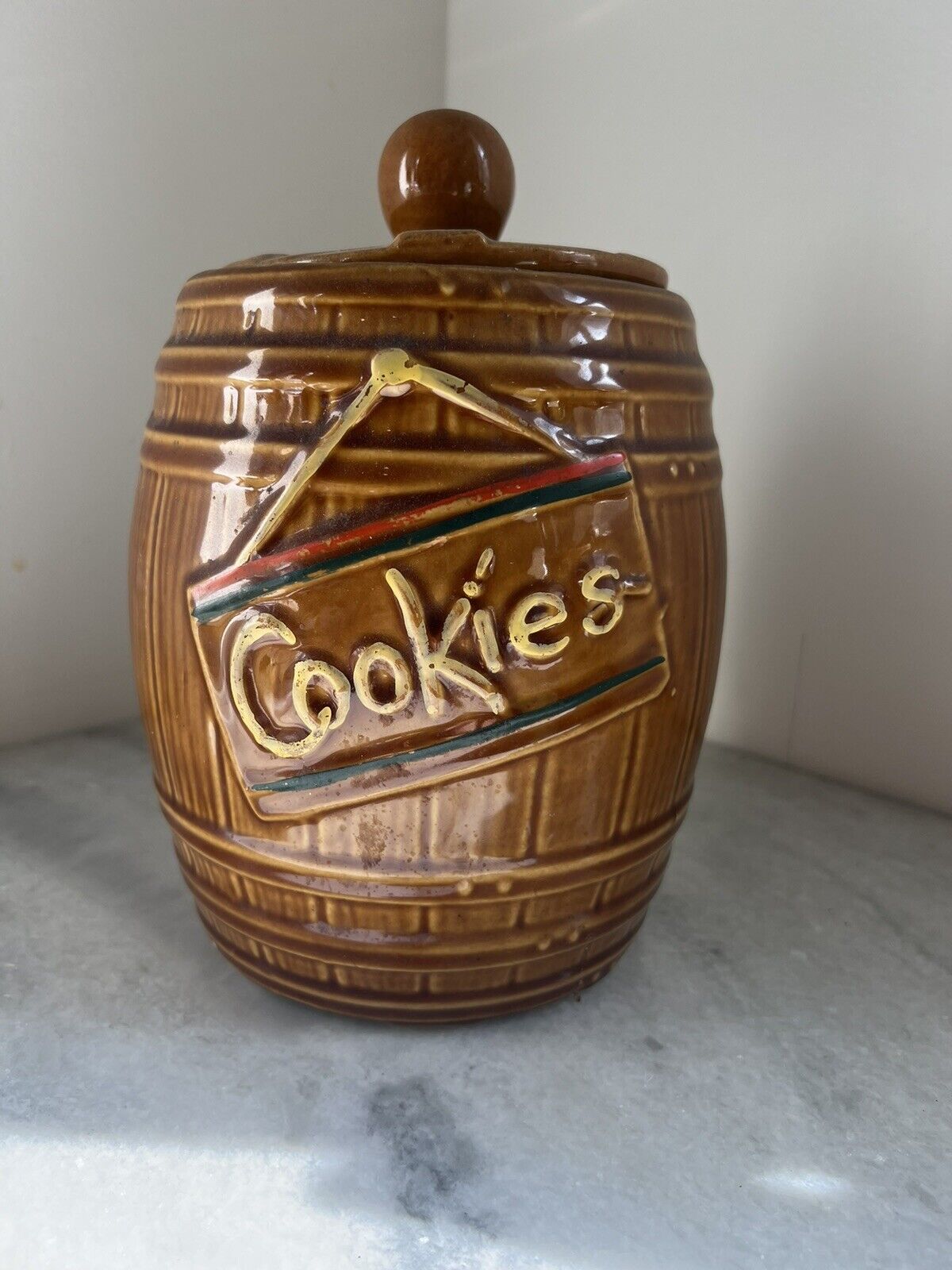 Vintage McCoy Ceramic Whiskey Barrel Cookie Jar Made In USA 1950s 