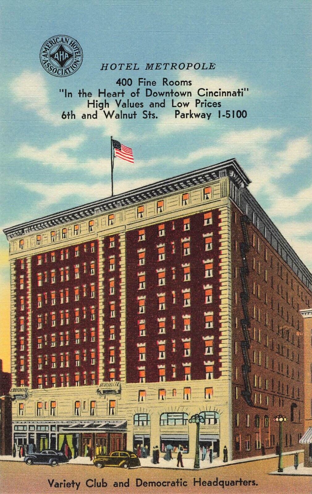 Postcard Hotel Metropole 6th & Walnut Sts. Cincinnati Ohio Linen c1940s Vintage