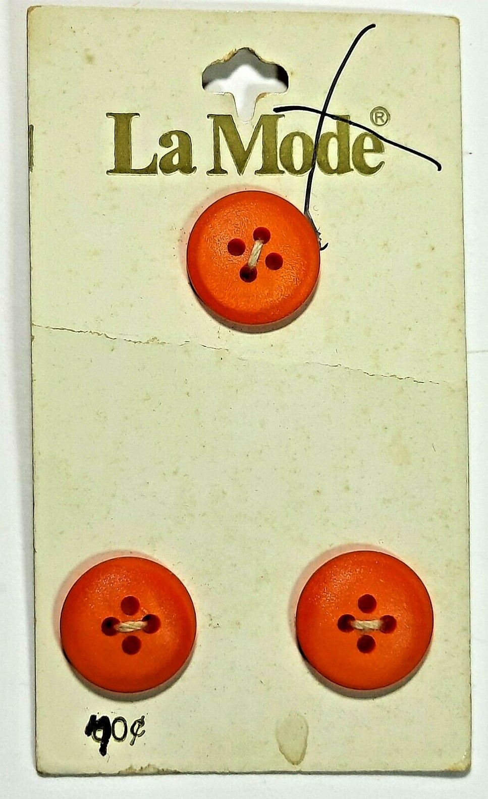 Vintage La Mode 3 count, 4 hole, 5/8 inch buttons on card Orange  unused