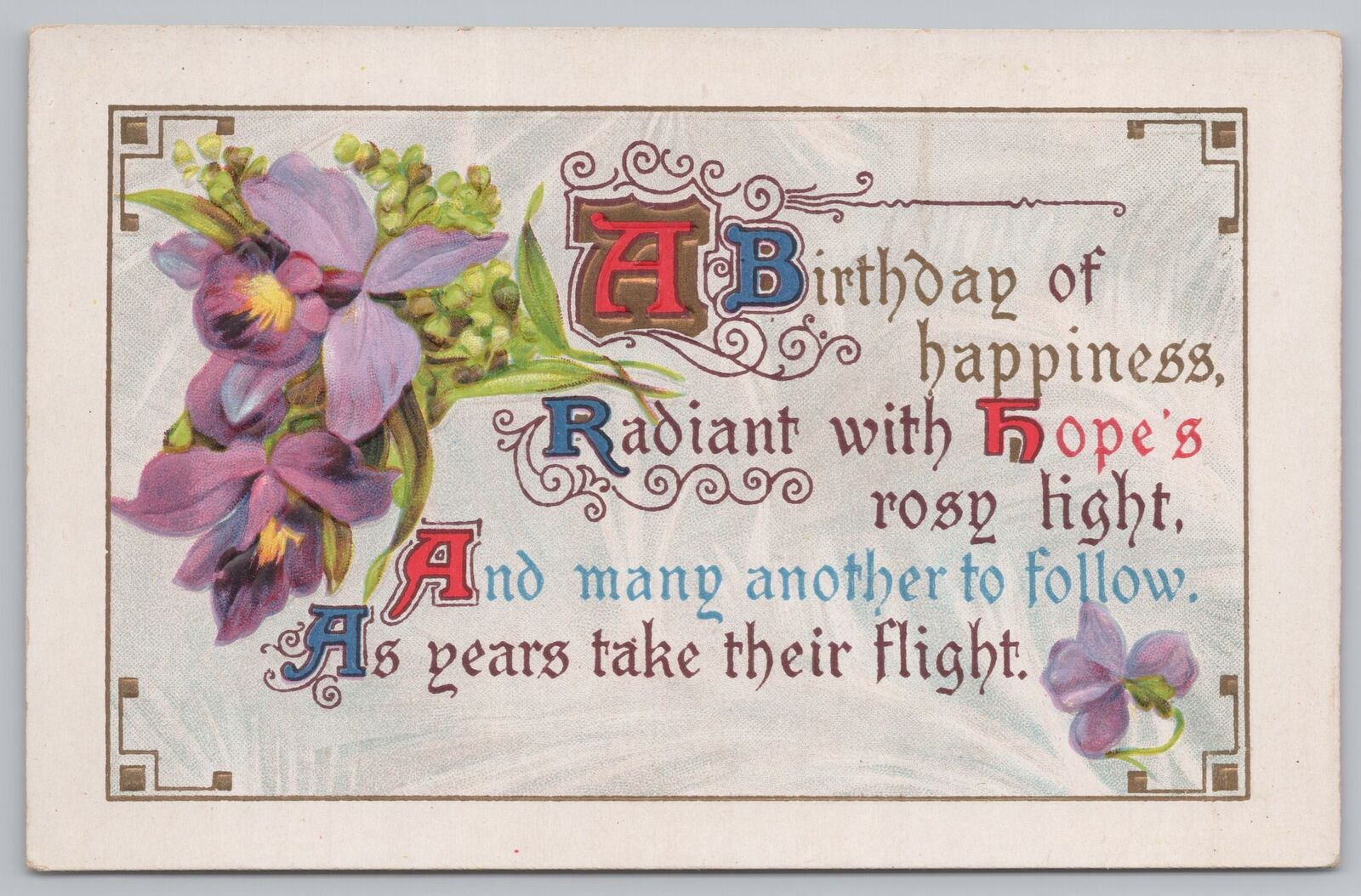 Greetings~Purple Flowers Birthday of Happiness Poem~Vintage Postcard