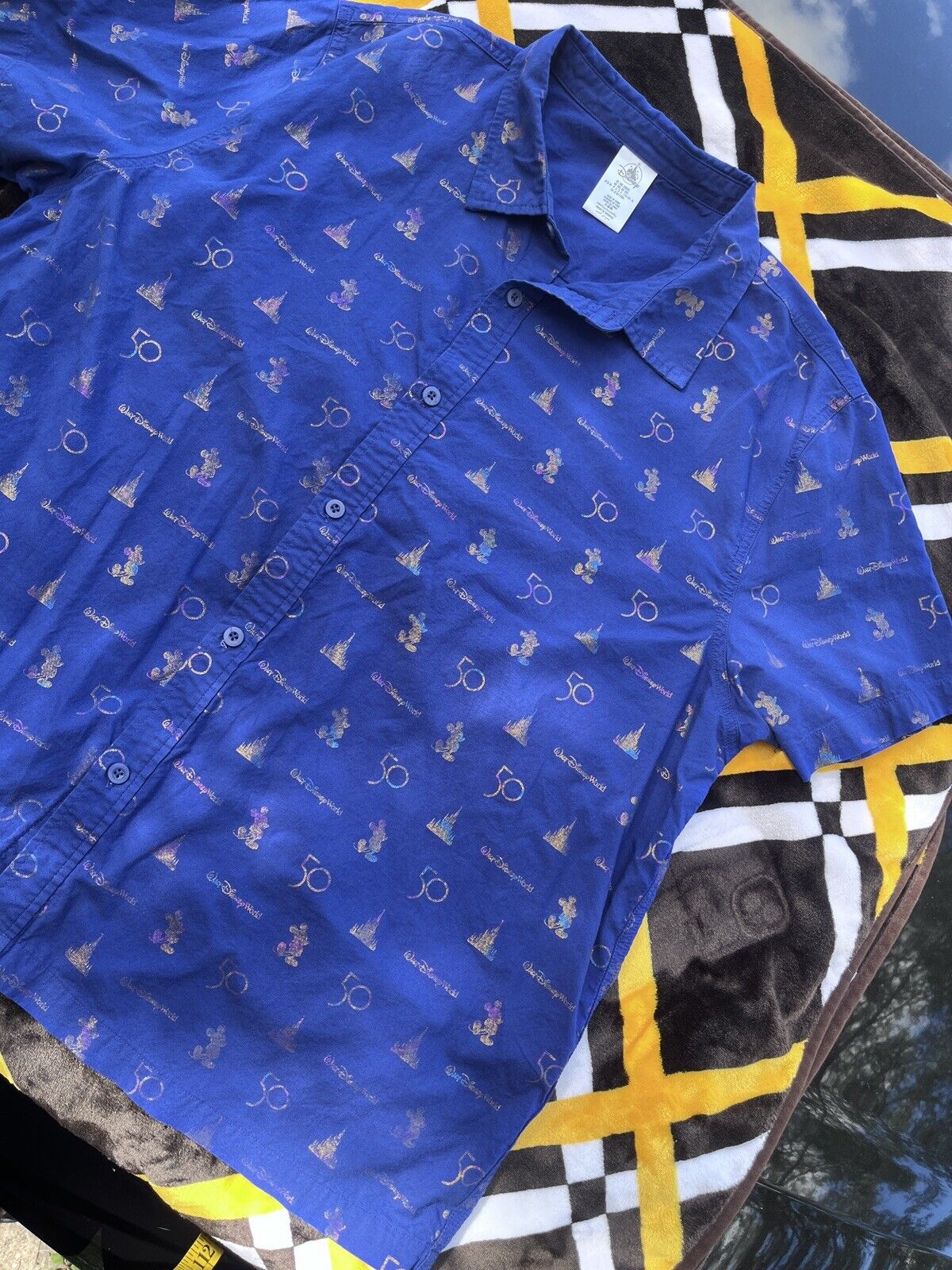 Walt Disney World 50th Anniversary EARidescent Blue Button Up Camp Shirt 2XL Men