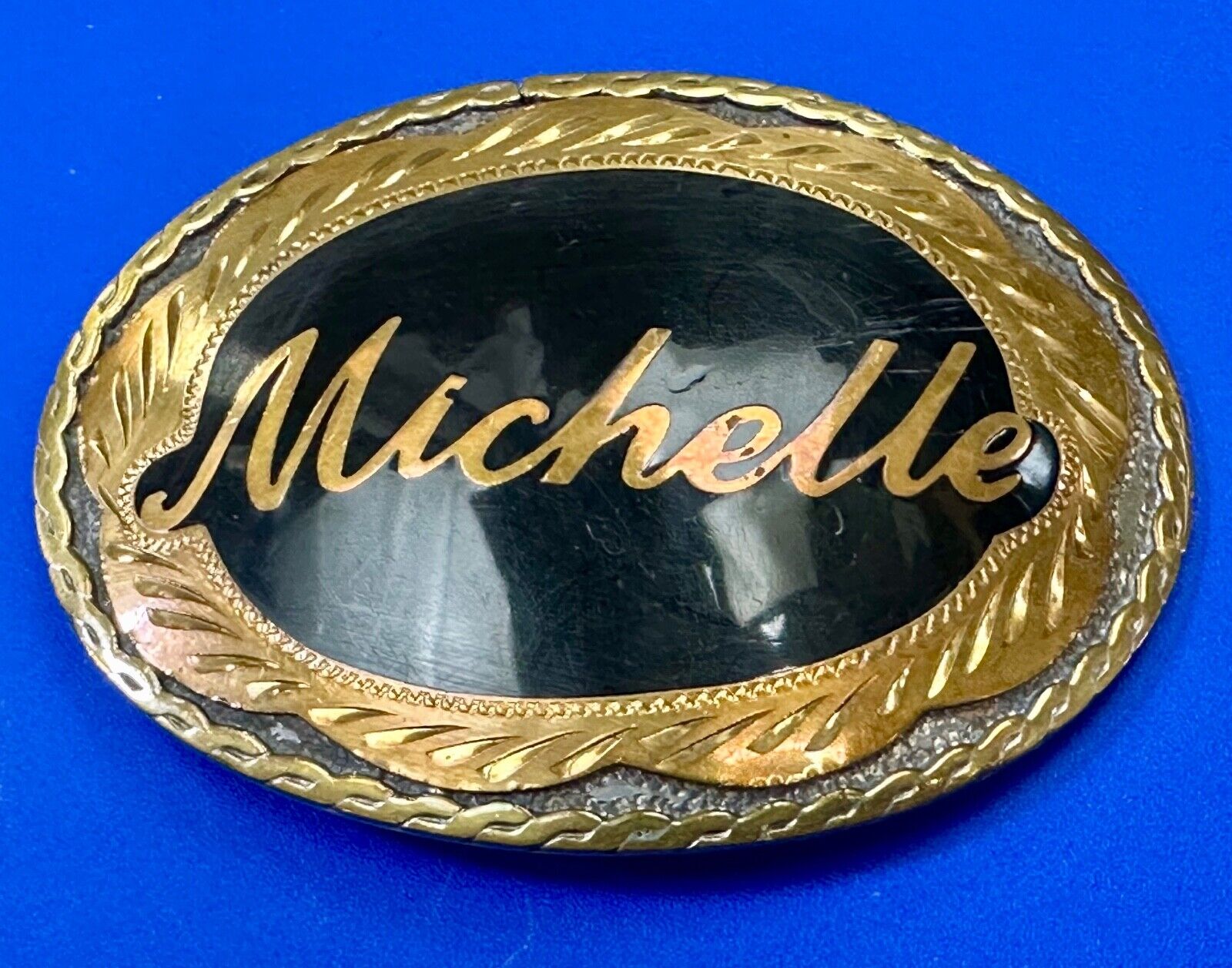 Custom Name Michelle  Inlaid oval mixed material vtg. belt buckle Made in Mexico