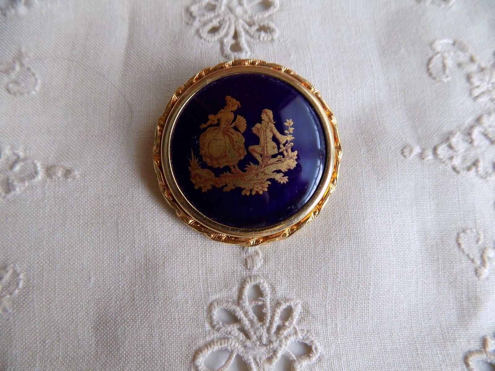 Vintage Limoges Castel France Courting Couple Cobalt Blue  Porcelain  Brooch