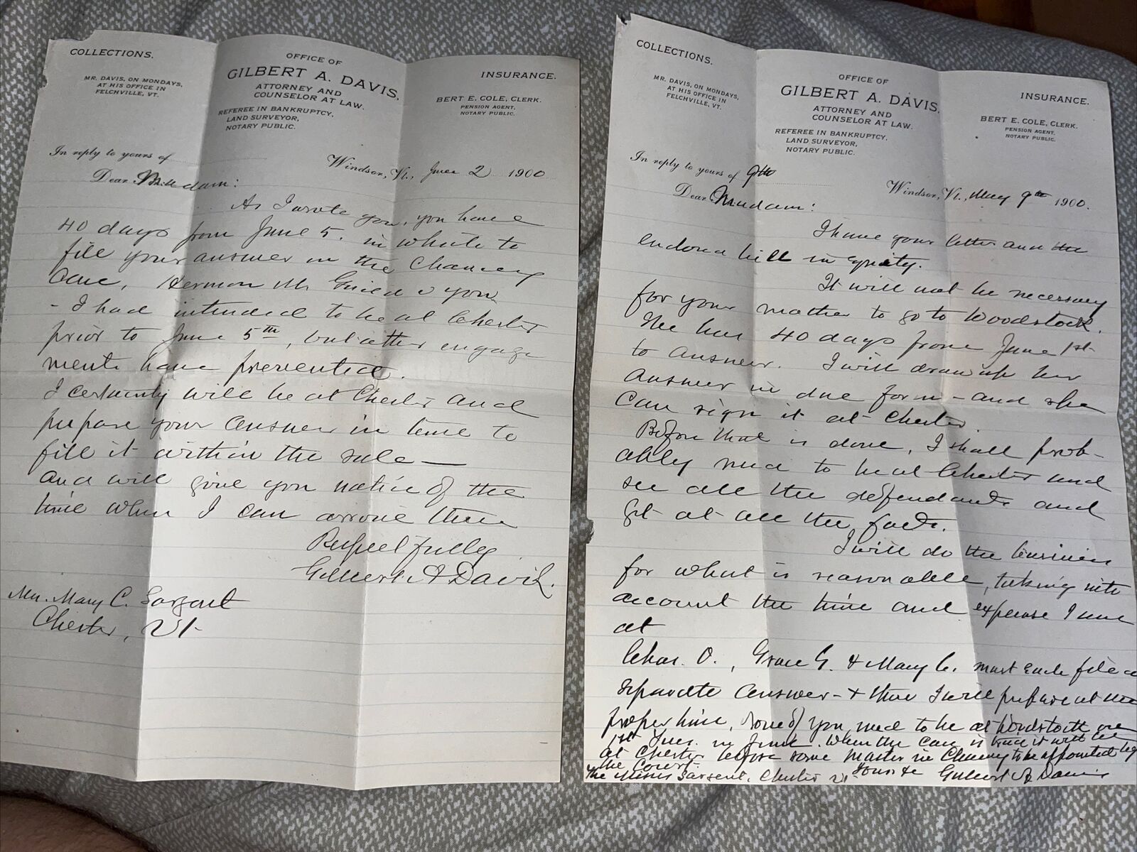 2 Letters from Gilbert A Davis: Attorney & Historian of Felchville Vermont 1900