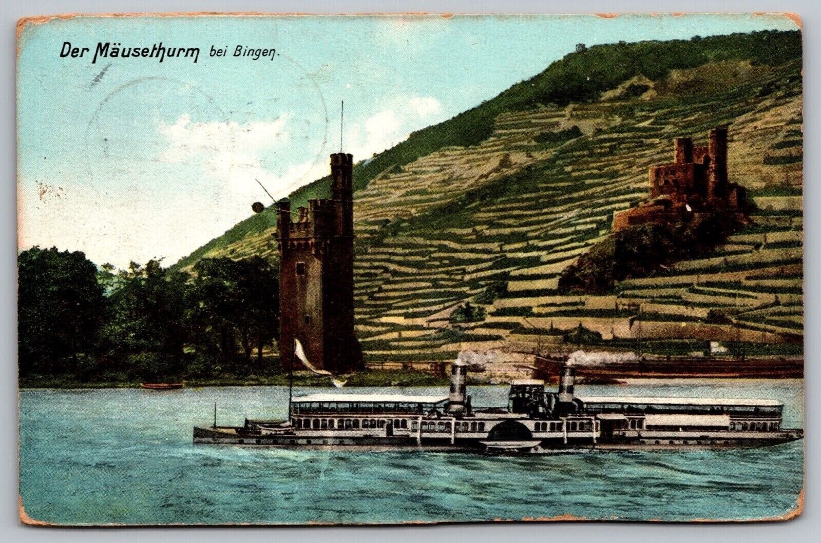 Germany Bingen Am Rhein Mouse Tower Historic Steamboat Waterfront VTG Postcard