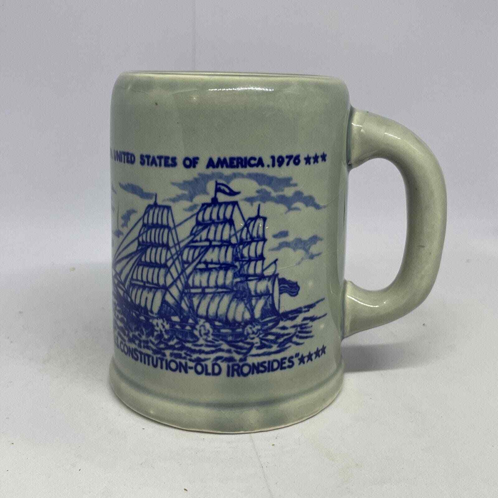 VTG 1976 USS Constitution Stoneware Ceramic Mug Gray Hand-painted Made in Japan