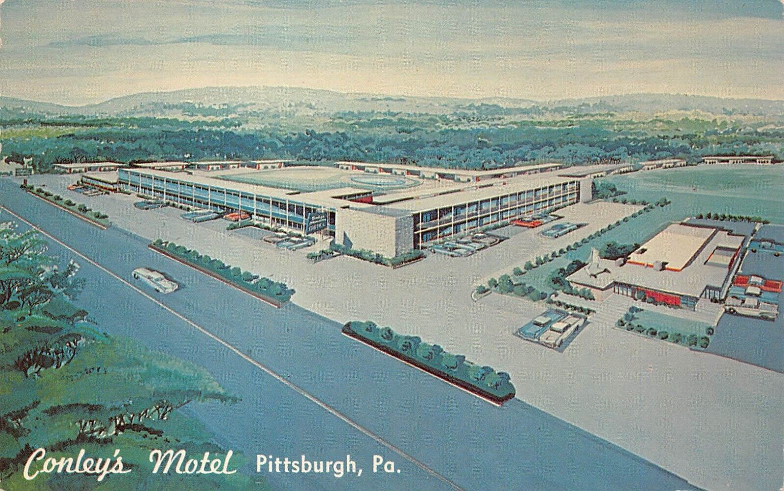 Postcard PA Pittsburgh Aerial View Conley\'s Motel Roadside Vintage Cars Chrome