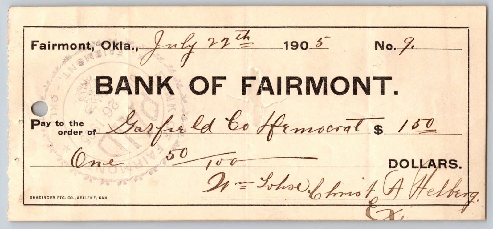 Fairmont Oklahoma Territorial 1905 $10 Bank of Fairmont Bank Check - Very Scarce