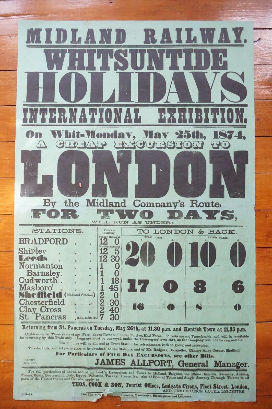 1874 Midland Railway Train Timetable Poster Whitsuntide Holidays