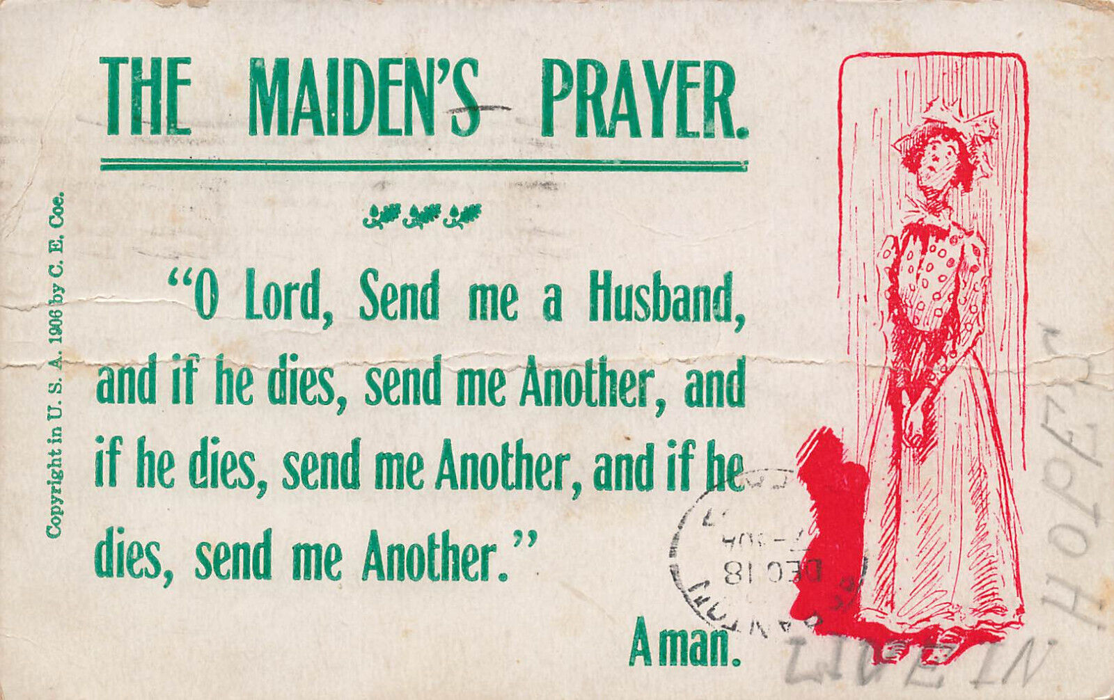 THE MAIDEN\'S PRAYER - SEND ME ANOTHER MAN ALWAYS POSTCARD 1906