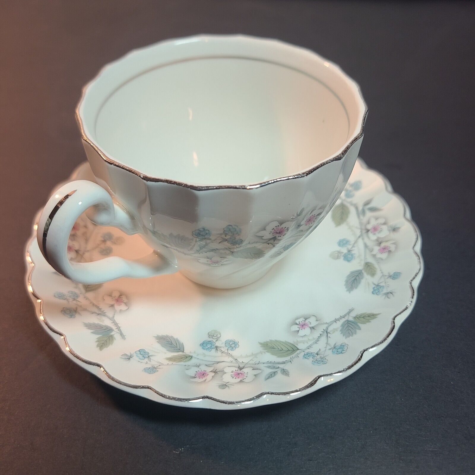 Johnson Bro\'s Ironstone Teacup with Saucer, White Flowers With Pink Blue Berries