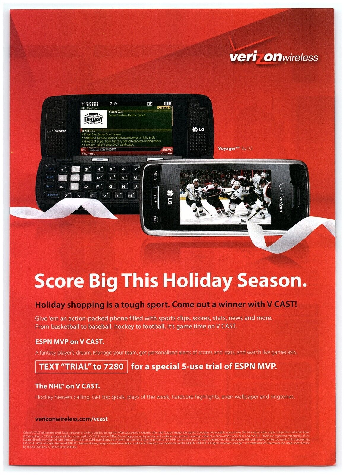 2008 Verizon Wireless Print Ad, LG Voyager Phone Score Big Hockey Fantasy ESPN