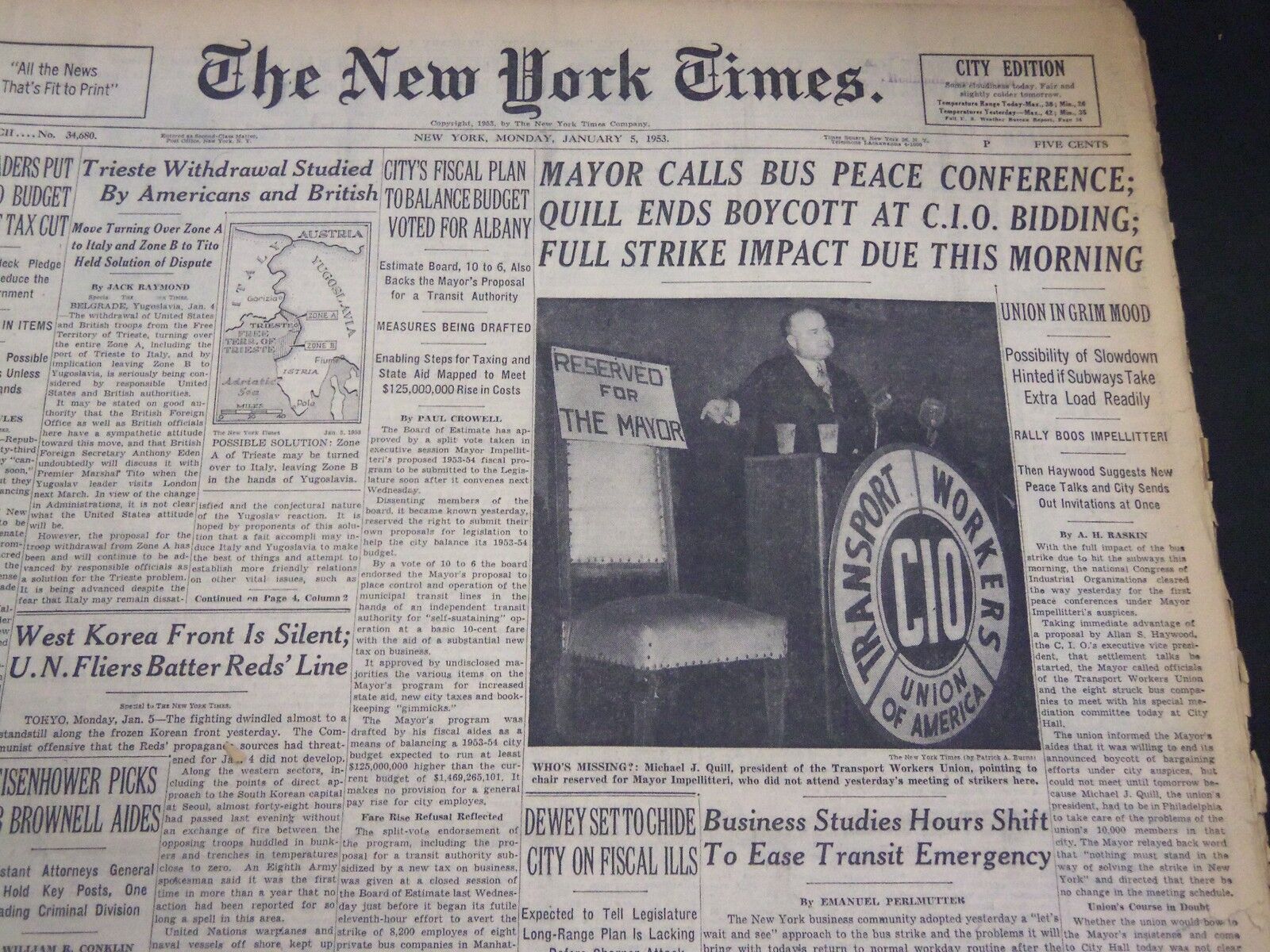 1953 JANUARY 5 NEW YORK TIMES - MAYOR CALLS BUS PEACE CONFERENCE - NT 4674