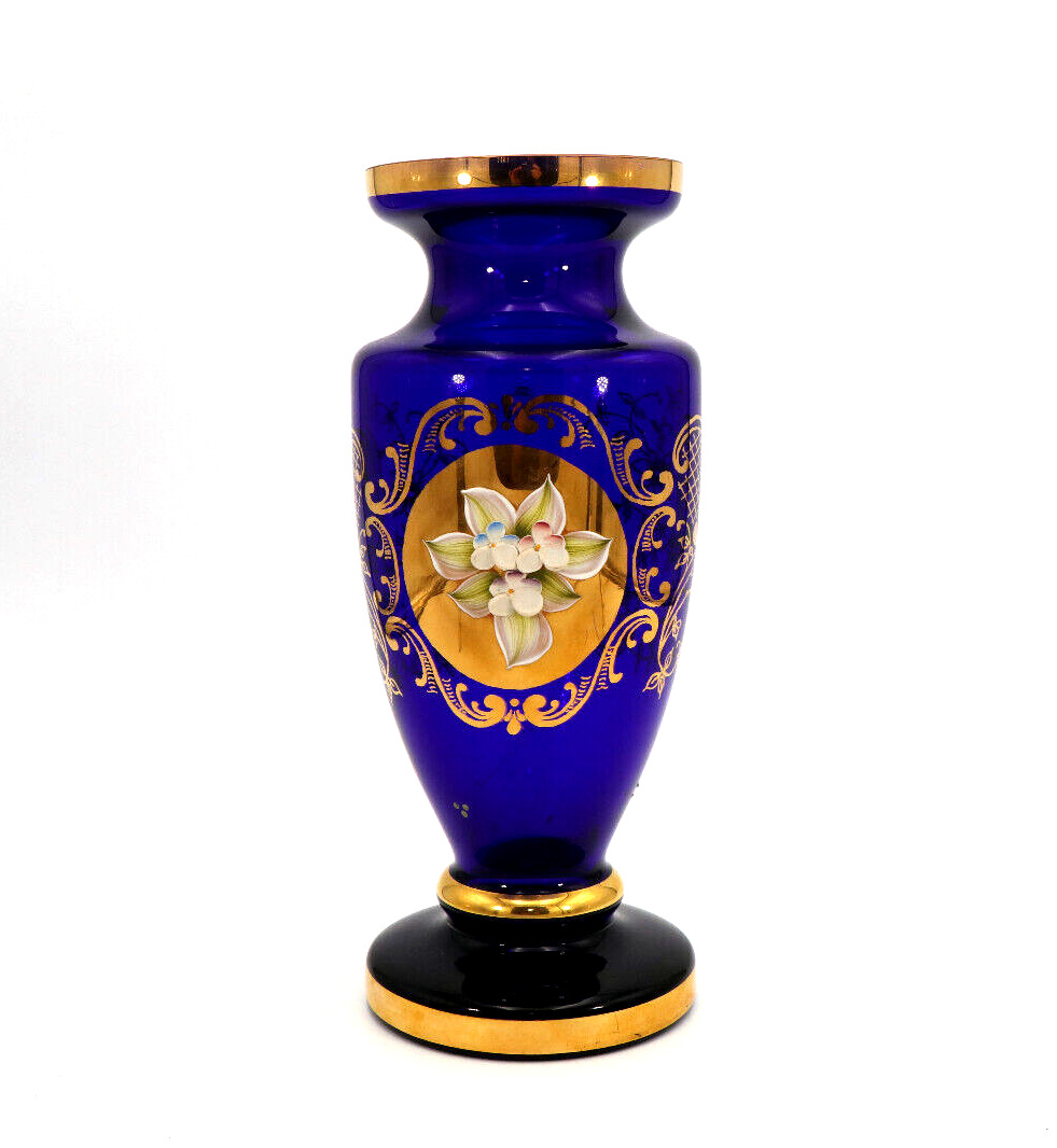 Vintage Vecchia Murano Bohemian Cobalt Blue Vase Raised Flower Detail 24k Trim