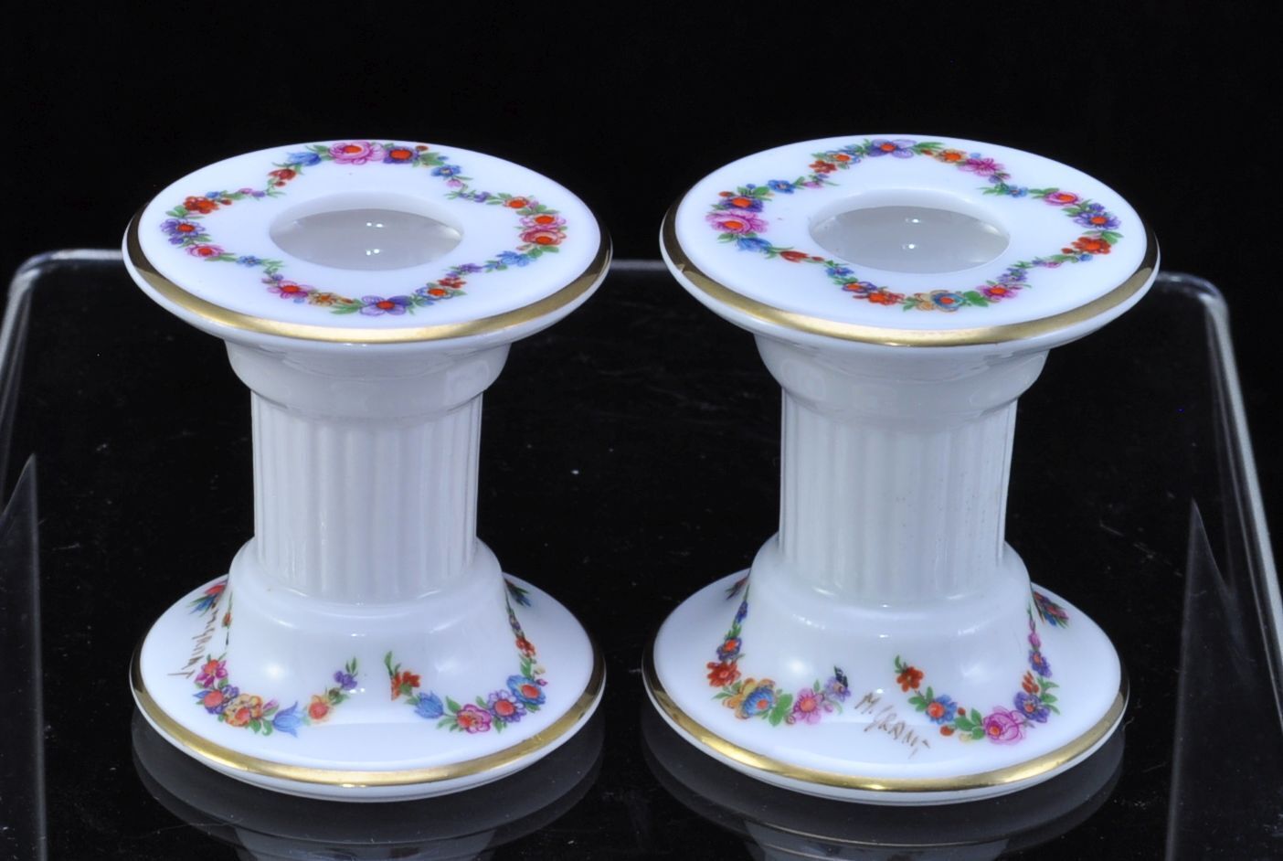 Hand Painted Caverswall 2 Inch Bone China Candle Holders Signed M. Grant