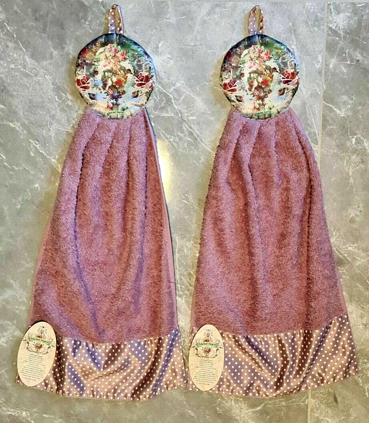 Two Decorative Kitchen Towels By Michal Negrin Light Purple Color With Flowers.