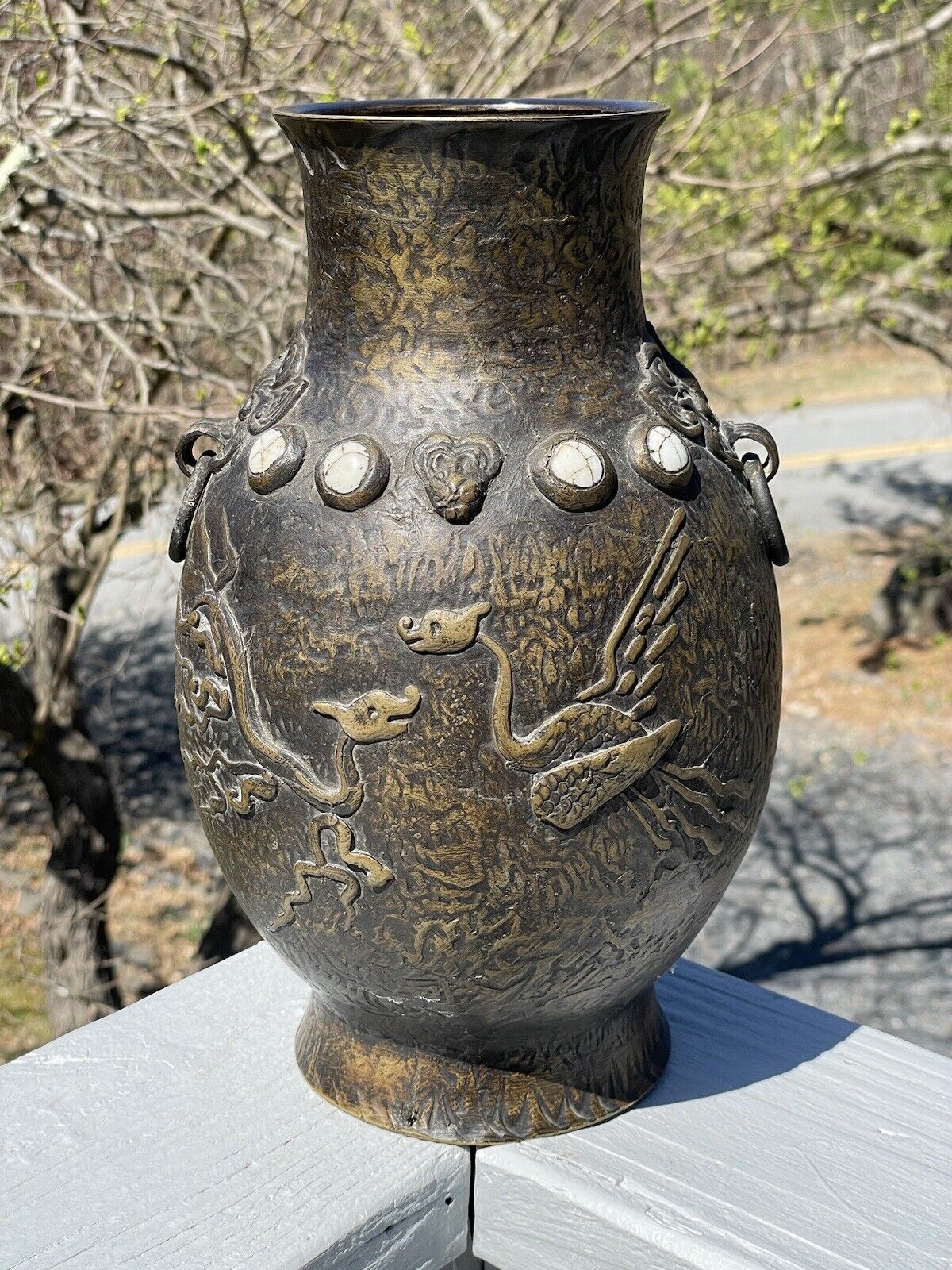 Vintage 20th C. Japanese c. 1920\'s - 1930\'s Archaic Brass Vase Enamel Cabochons
