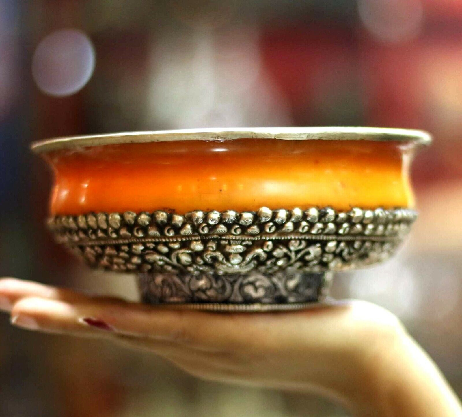 Silver Metal Offering Amber Bowl Tibetan Mikky Water Offering Buddhist Nepali