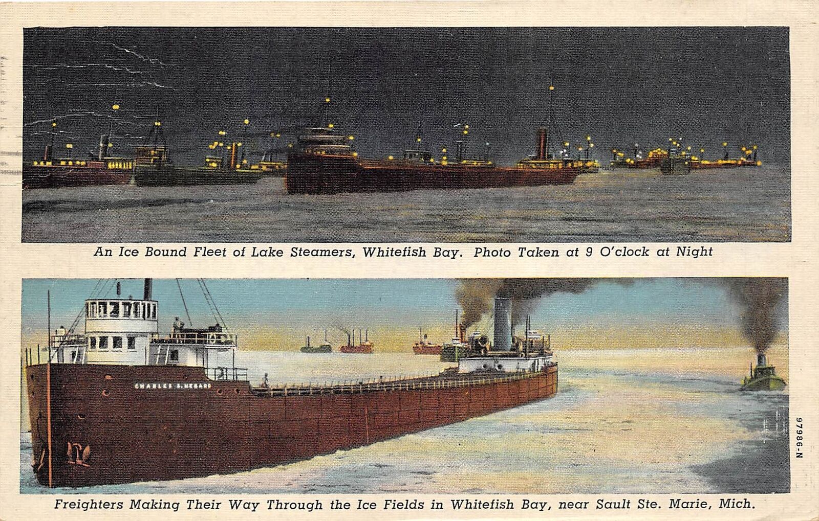 Sault Ste Marie Michigan 1948 Postcard Ice Bound Fleet Lake Steamers