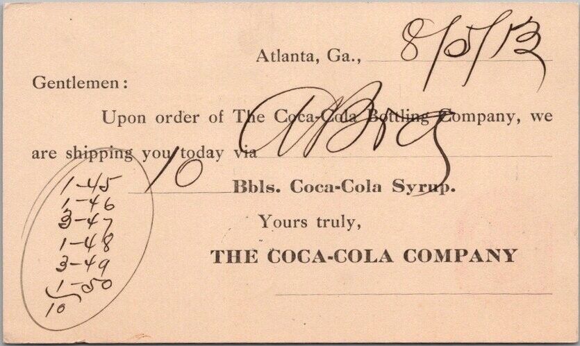 Vintage 1913 COCA COLA COMPANY Business Postcard Receipt Card / Atlanta Georgia