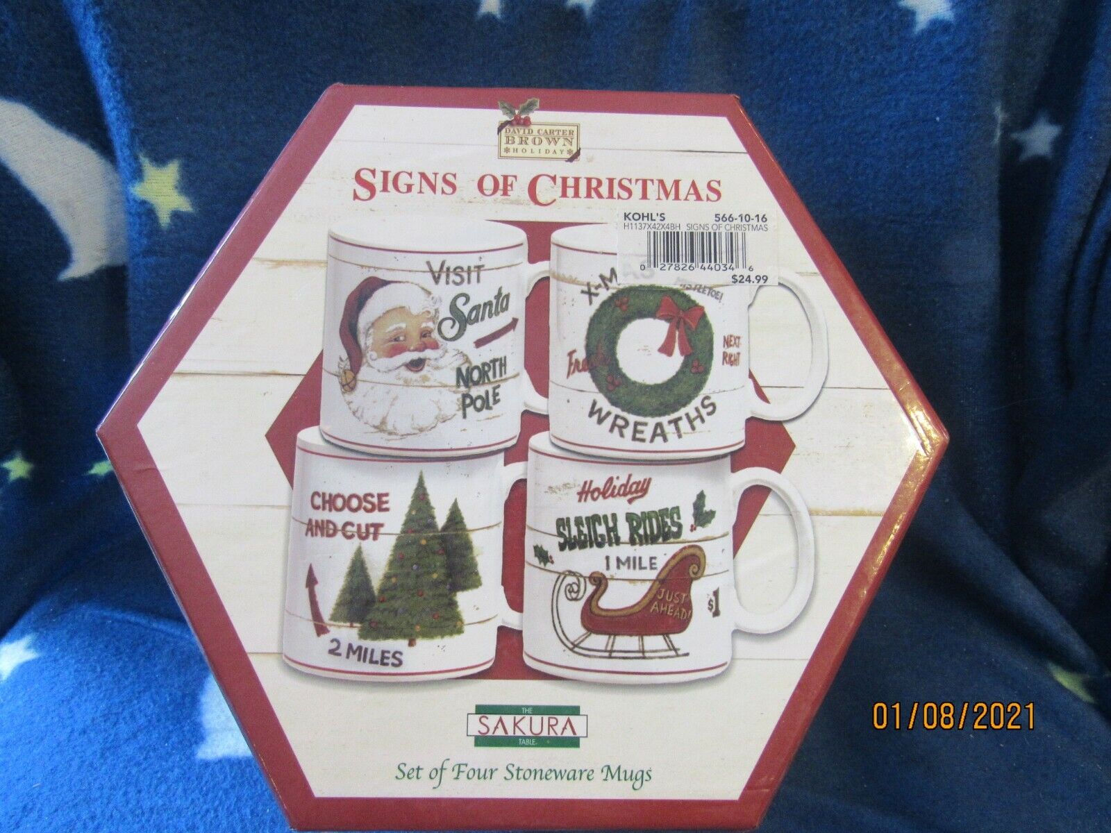 New David Carter Brown Holiday Christmas set Signs of Christmas coffee mugs lot