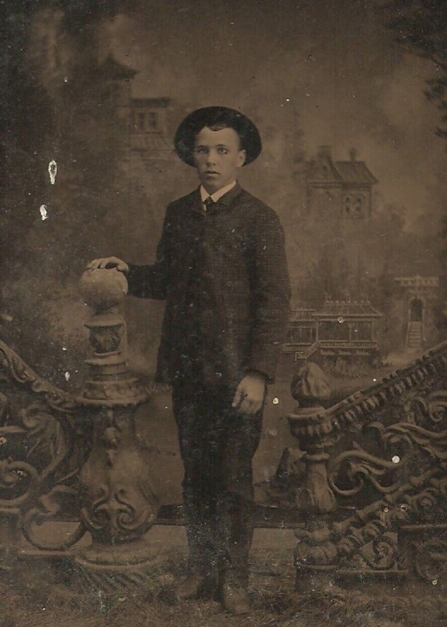 Vintage Antique Tintype Photo Young Man Teen Boy w/ Old Mysterious Town Backdrop