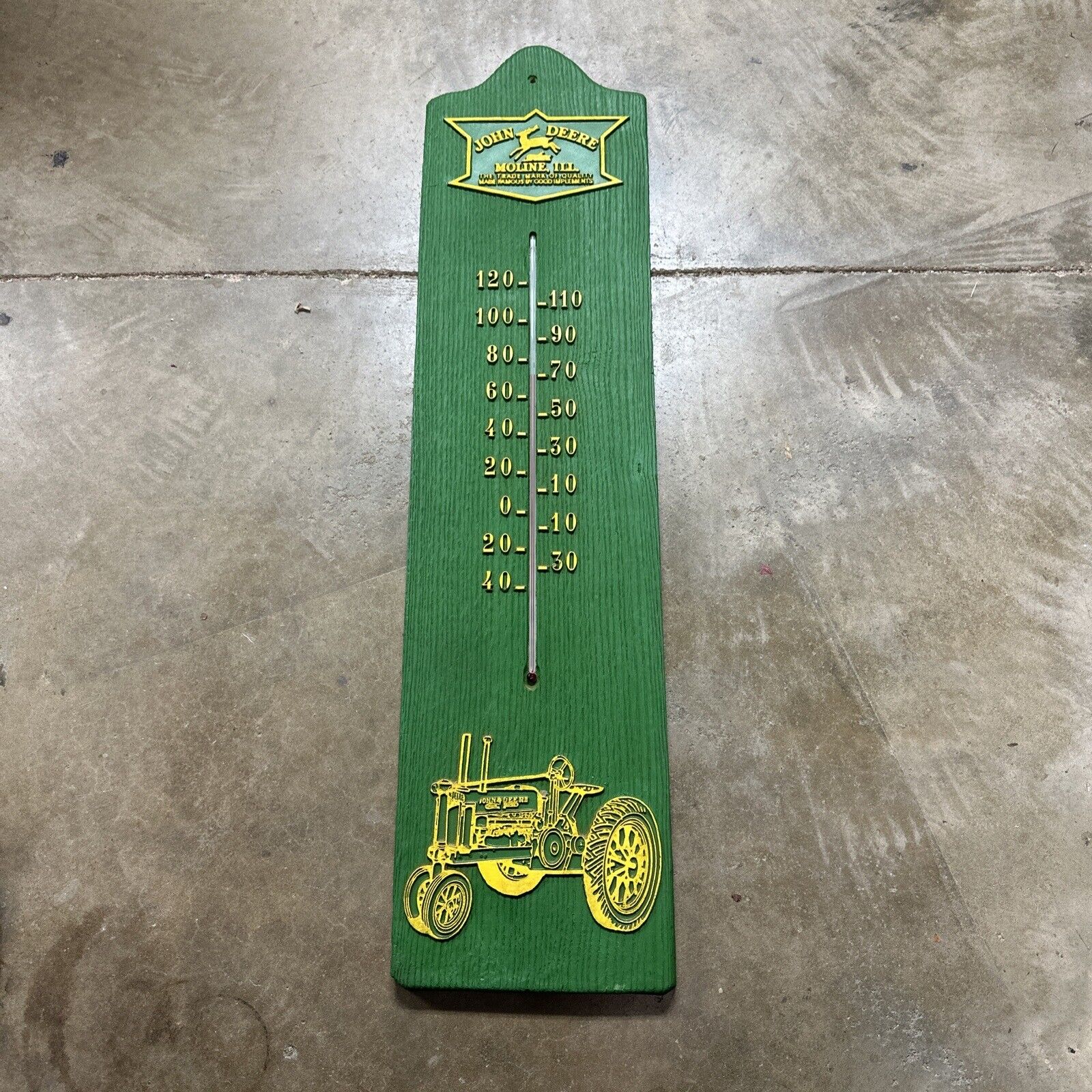 RARE Large 29” JOHN DEERE  THERMOMETER Faux Wood Green & Yellow Works Excellent