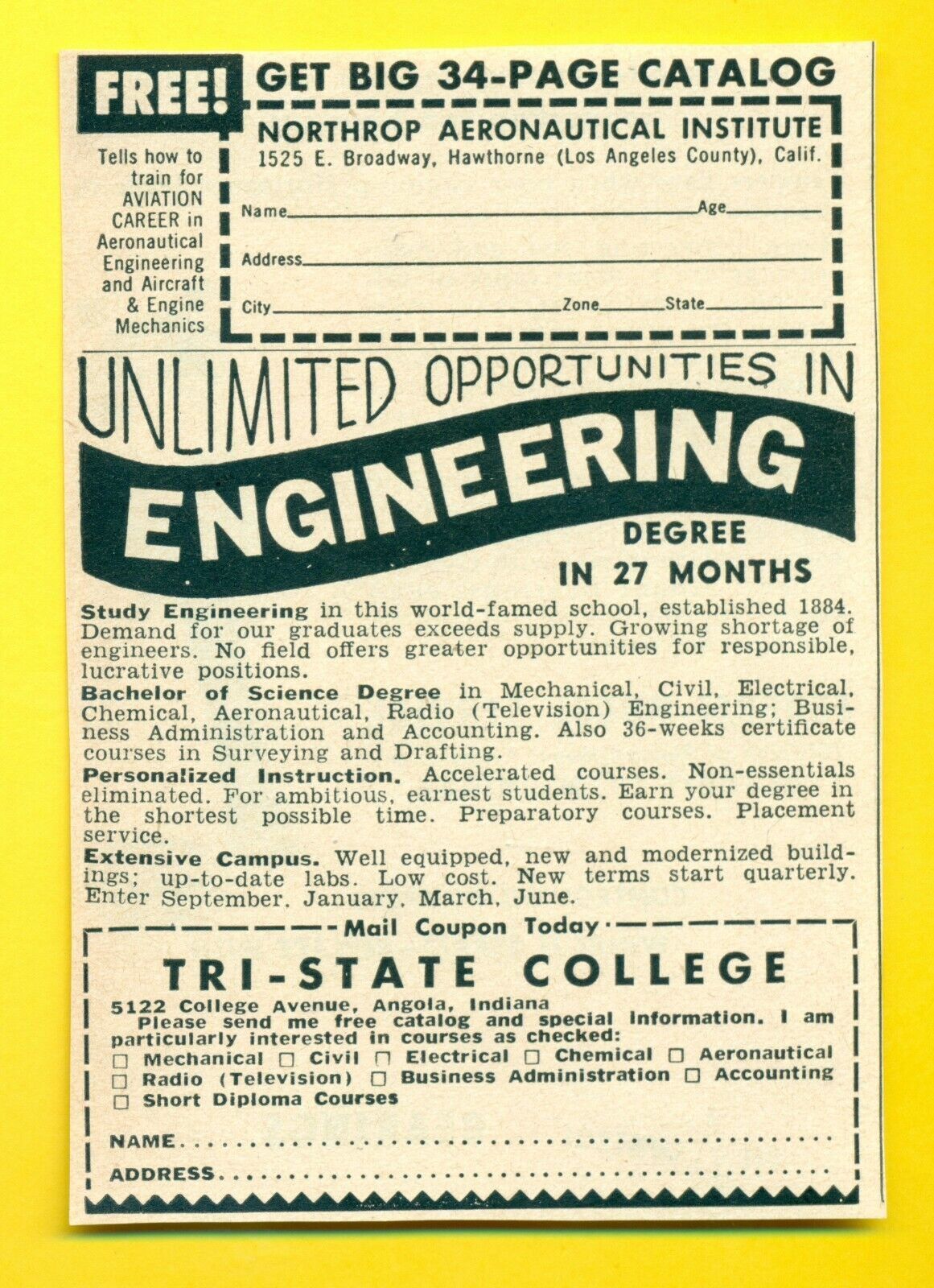 1953 TRI-STATE COLLEGE, Opportunities In Engineering Vintage Print Ad SV1.