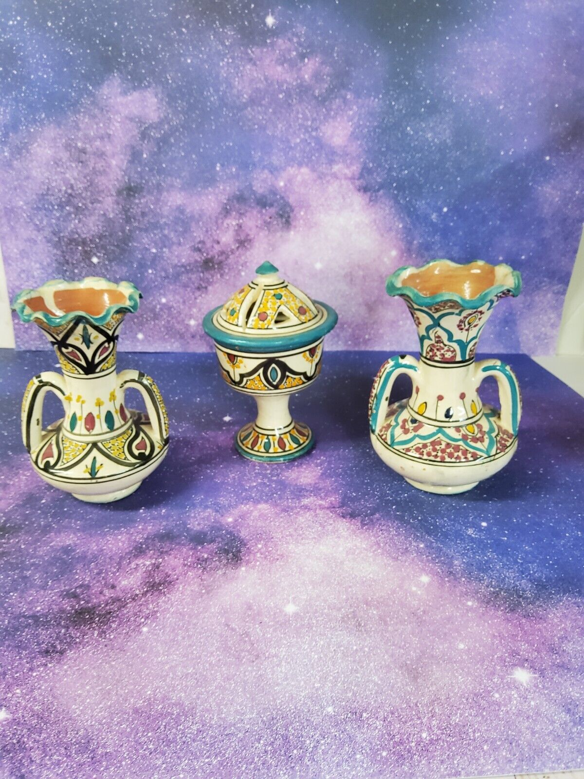 Vintage Middle Eastern Vase Handpainted Ceramic Pottery 3 Piece