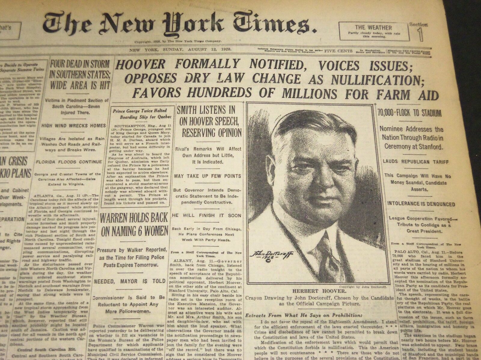1928 AUGUST 12 NEW YORK TIMES - HOOVER FORMALLY NOTIFIED, VOICES ISSUES- NT 5087