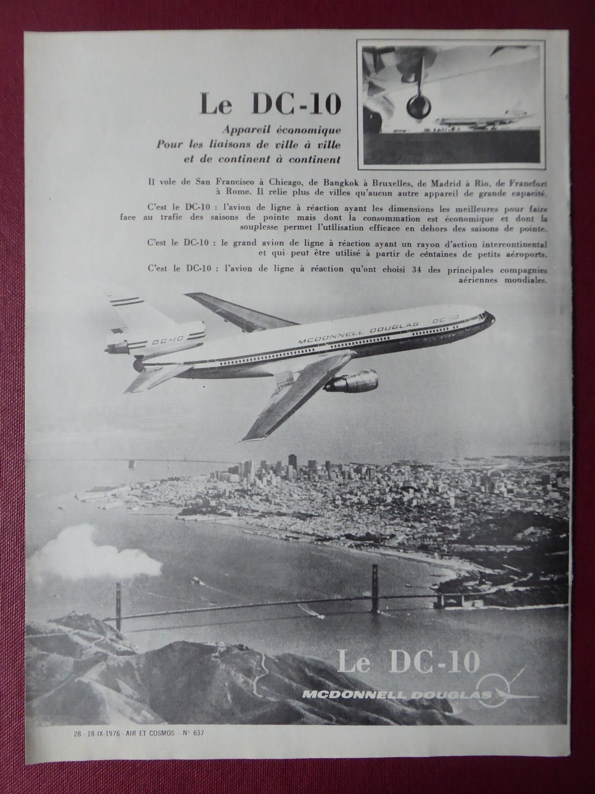 9/1976 PUB MCDONNELL DOUGLAS DC-10 AIRLINER SAN FRANCISCO ORIGINAL FRENCH AD