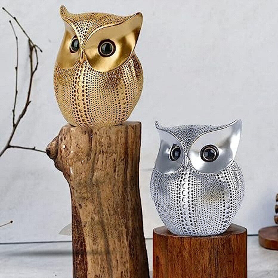 Ceramic Figurines Lucky Owl Showpiece For Home Golden & Silver Color Pack Of 2