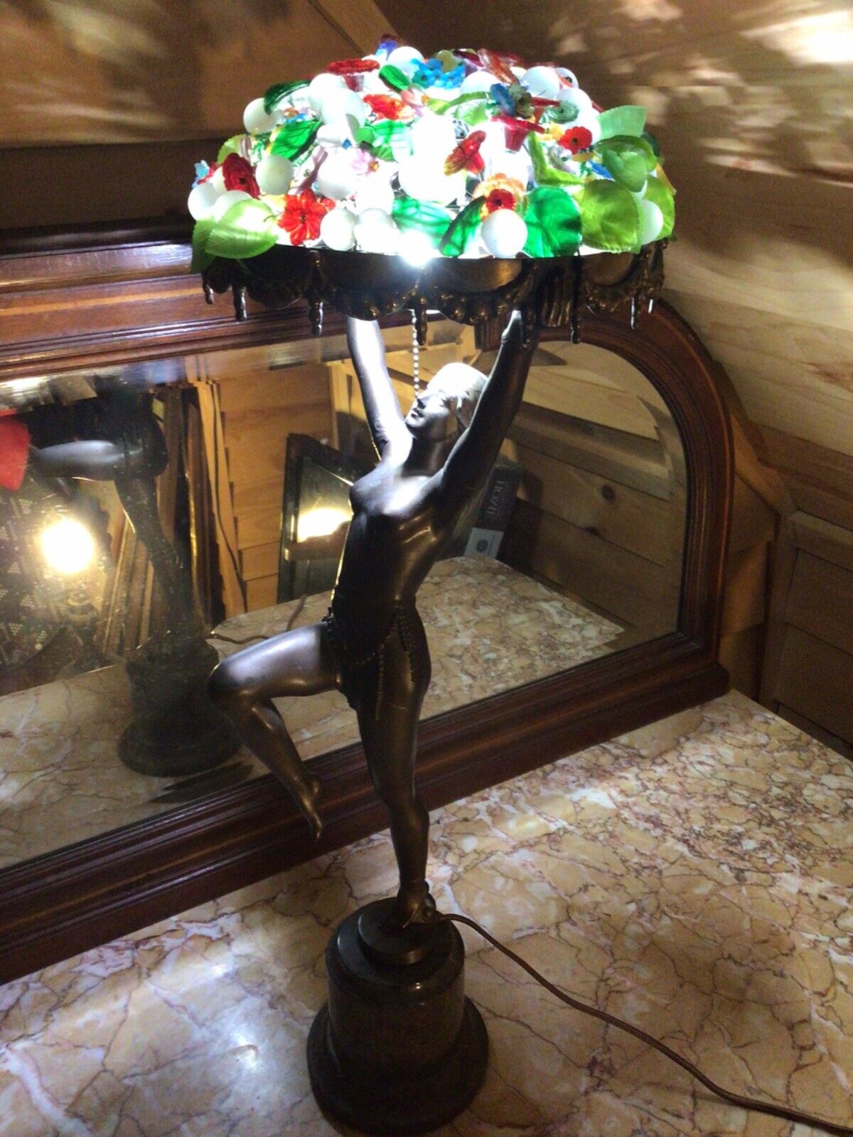 Rare Large Antique Art Nouveau Nude Bronze Czech Glass Fruit Lamp