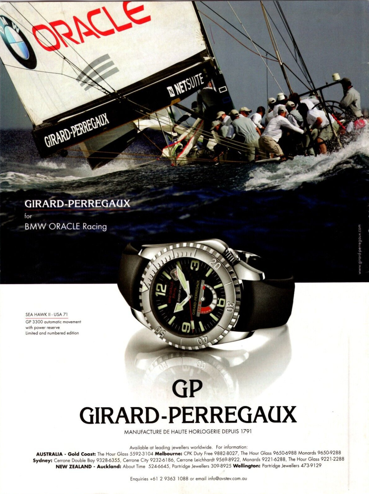Girard Perregaux BMW Oracle Racing Sea Hawk 49905 Vintage Print Ad Circa 2006
