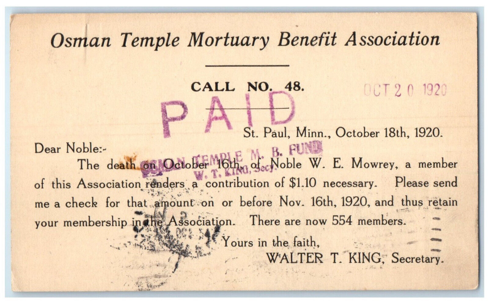 1920 Osman Temple Mortuary Benefit Association St. Paul Minnesota MN Postal Card