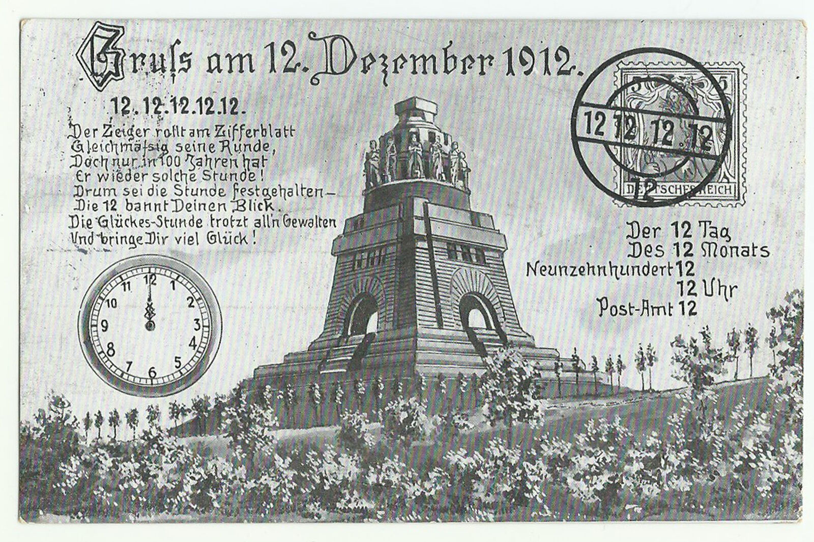 Leipzig War Monument, Old Postcard, Lucky 12, 12.12.1912 12:00 PO12